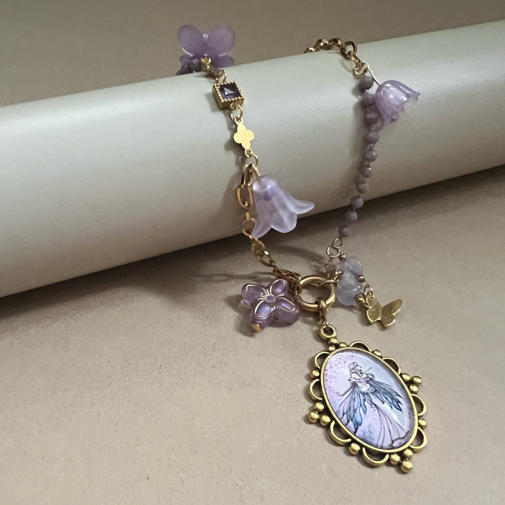 Coquette Fairycore Resin Pendant Necklace Gold Stainless Steel Chain 44$